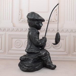 bronze boy with fishing pole Children's Statue on Base Traditional style Fish'n Hole