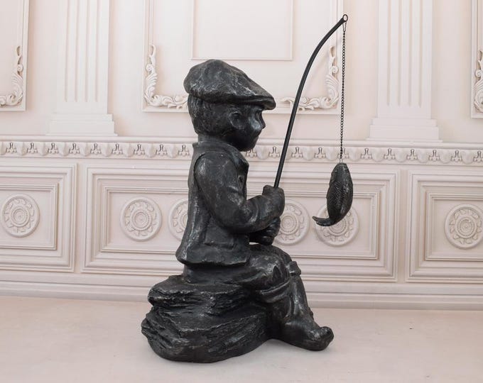 Young Boy with Fishing Rod - Fisher Boy Statue - Figure Boy and Fish - Garden Decor - Home Decor - Gift Idea