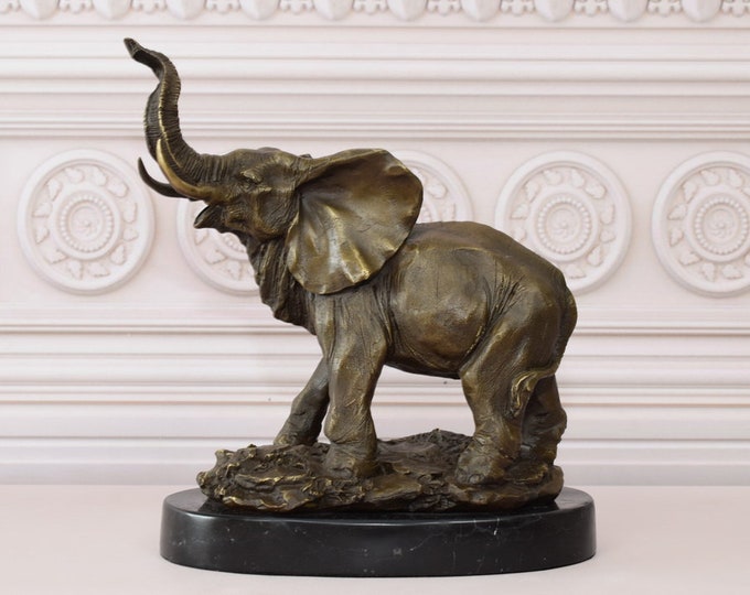 Elephant for Good Luck Bronze Sculpture - Figurine Elephant Statue on Marble Base - Home Decor Unique Item - Vintage Elephant - Gift Idea