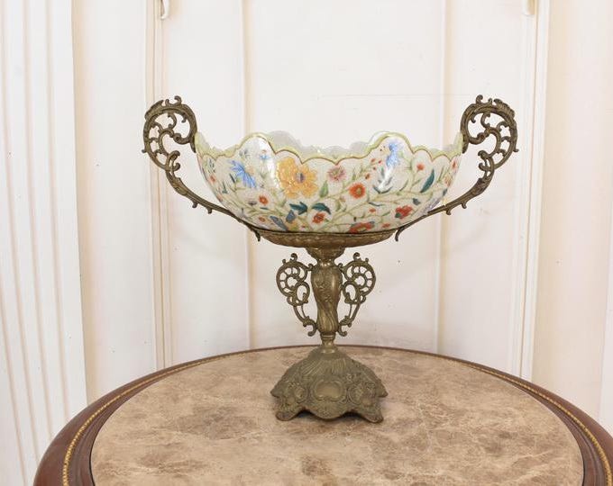Antique Art Nouveau Porcelain Compote With Bronze Mounts – Floral Motif Standing Dish – French Secession Centerpiece