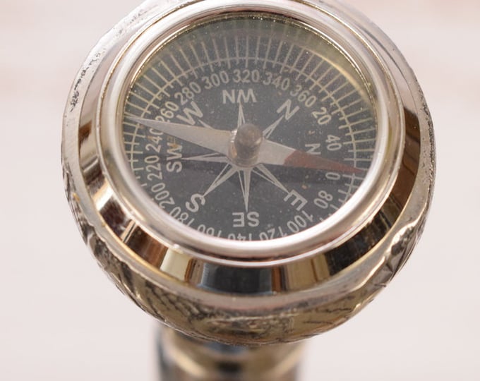 Compass and Walking Stick - Wooden Walking Stick Gift for Grandfather Father Wooden Cane Art Deco