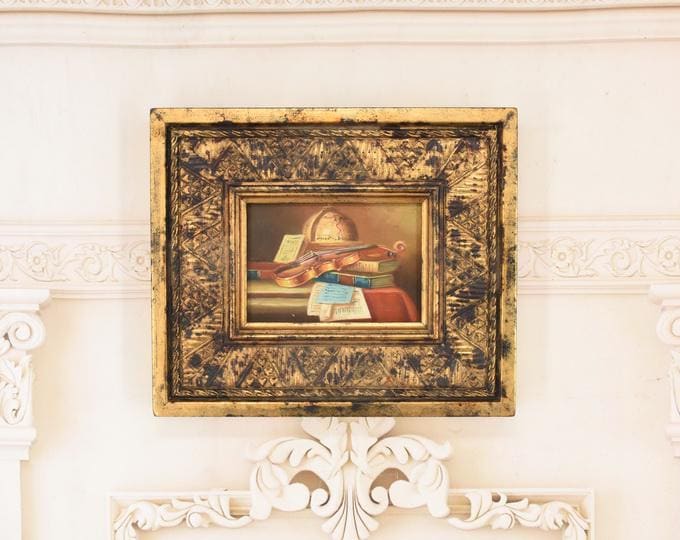 Globe and Violin Painting – Golden Frame, Old House Interior Art