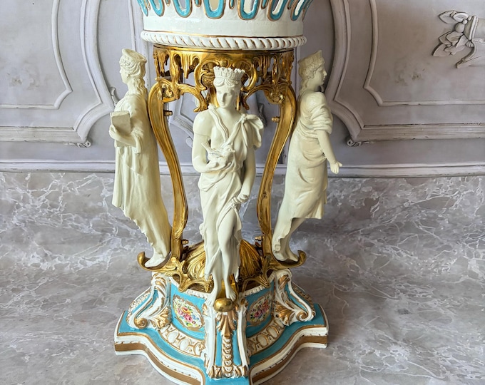 Vintage White Blue Ceramic Vase Bronze Mounted Gilded Nymphs Large Decorative Urn