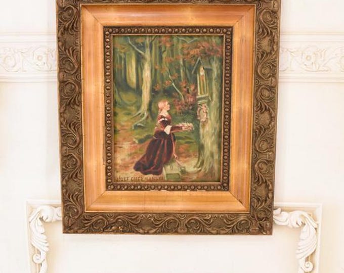 Antique Oil Painting – Woman Praying, Chelmonski Style, Rustic Polish Art