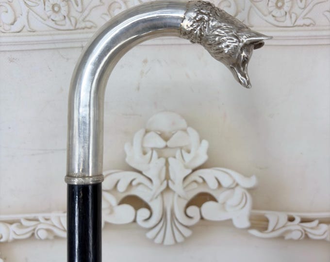 Unique Silver Walking Stick - Head Fox - Handmade Silver - Silver Imperial Russia - Solid and Wood Cane - Gift for Grandfather