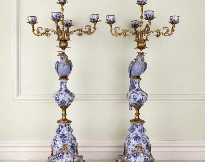 Large Porcelain Candlesticks with Bronze Parrots – Ornate Branch Home Decor