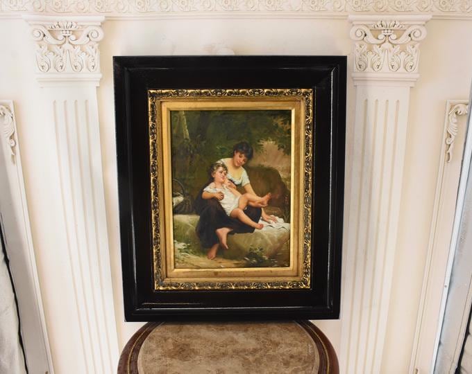 Two Sisters – Vintage French Oil Painting on Wood – Gold Frame – Classical Family Portrait – Unique Wall Art - Gift for Sister