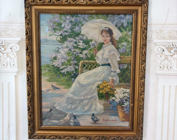 Antique Girl in White Dress with Umbrella Painting - Oil on Canvas - Mehoffer Style