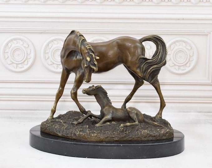 Mare and Foal Bronze Sculpture on Marble Base - Horse Art Figure - Horsefarm Gift - Bronze Statue - Home and Garden Decor - Gift Idea