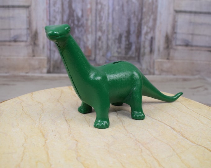 Vintage Cast Iron Diplodocus Coin Bank – Green Dinosaur Statue