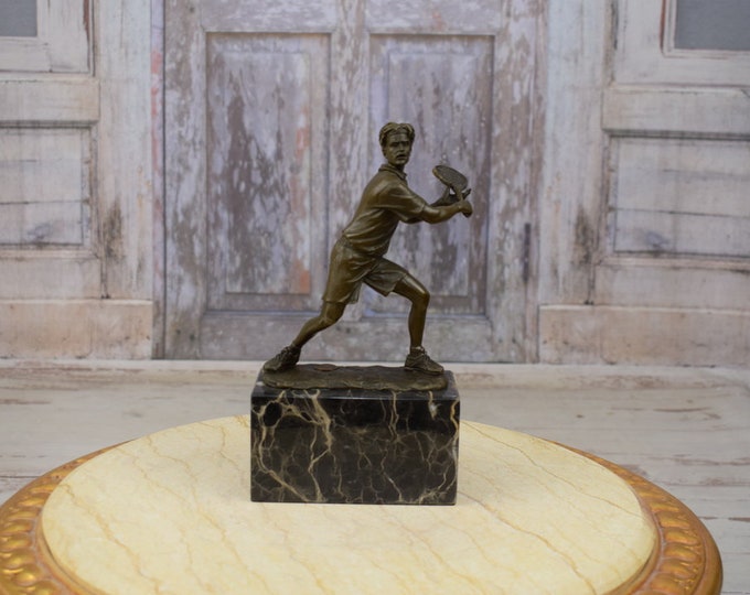 Tennis Player Bronze Sculpture on Marble Base - Tennis Man - Signed Statue Foundry Mark - Gift for Tennis Player - Office and Home Decor
