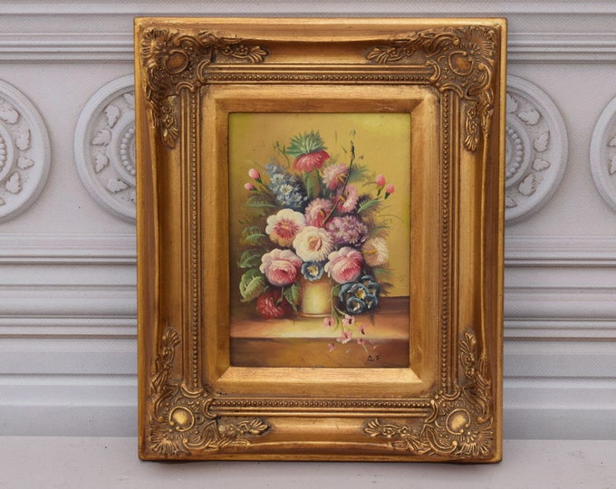 Flowers Painting in Golden Frame - Oil on Wood - French Art - Flower Wall Art Decor - Home Decor - Gift for Birthday, Wedding, Housewarming