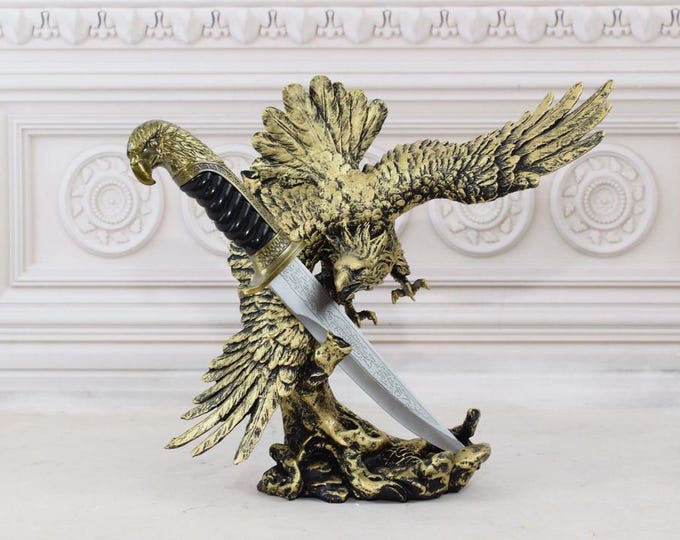 Decorative Hunting Sword on Stand - Sword Animals Relief with Eagles - Decorative Militaria - Elegant Gift Idea - Home and Garden Decor