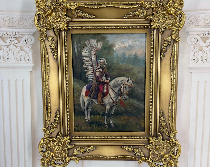 Winged Hussar On Horse Painting – Antique Style Polish Cavalry Wall Art