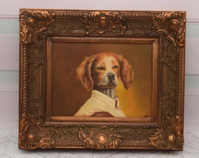 Painting Portrait Funny Dog in Uniform - Nice Goldene Frame - Portrait Dog - Old Oil on Wood - French Art - Wall Decor - Art Work Gift Idea