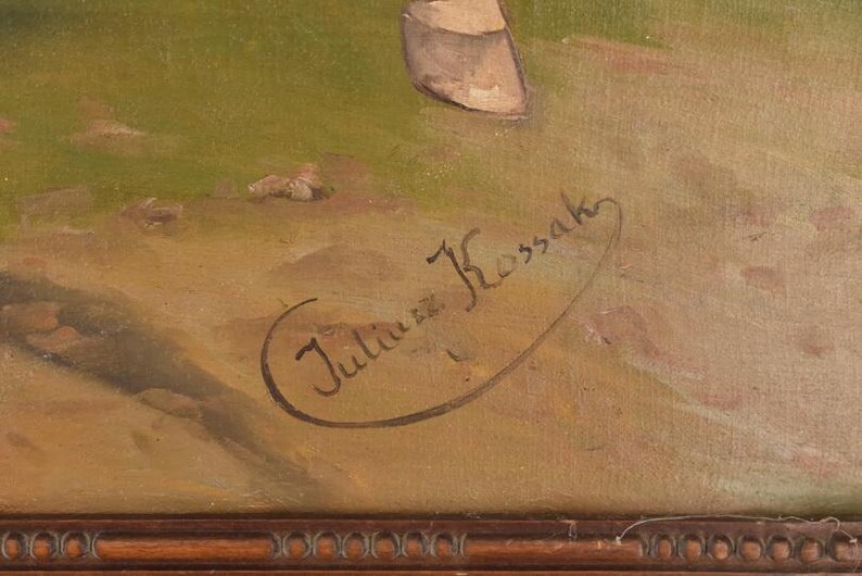 Pu&ograve; includere: Un dipinto a olio raffigurante una scena pastorale con una figura e un secchio. L'opera presenta una tavolozza di toni terrosi, con sfumature di verde e marrone che dominano il paesaggio. La firma dell'artista, "Juliusz Kossak", &egrave; visibile in basso a destra.