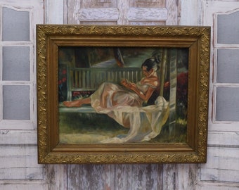 Old Handmade Oil - Woman in Garden Reading Book - Garden Painting - Mehoffer Antique Painting - Art Nouveau - Wall Decor - Home Decor