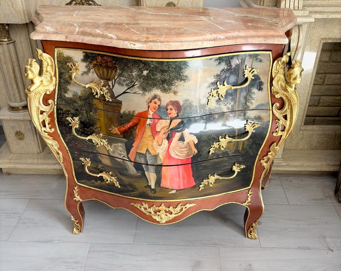 Vintage French Style Painted Commode - Romantic Couple Scene - Marble Top - Ornate Gilt Mounts - Luxury Statement Furniture