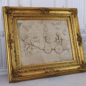 Cuadro de alabastro con marco dorado - Niños empujando un cochecito - Idea de regalo increíble - Decoración de pared - Arte de pared - Decoración del hogar - Regalo único