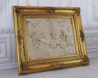 Alabaster Painting with Gold Frame: Children Pushing Stroller, Wall Art