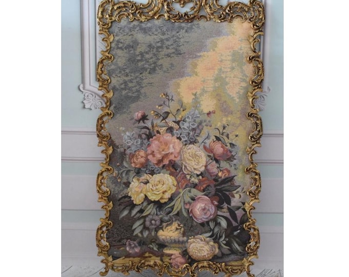 Large Vintage Floral Tapestry Wall Art - Bronze Frame - Elegant Flower Gobelin Textile Picture - Unique Decorative Wall Hanging