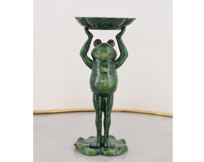 Vintage Cast Iron Frog Candle Holder – Green Frog Holding Tray – Decorative Frog Figurine – Retro Patina Style Home Decor