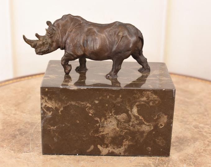 Bronze Rhinoceros Sculpture - Walking Rhino on Marble Base