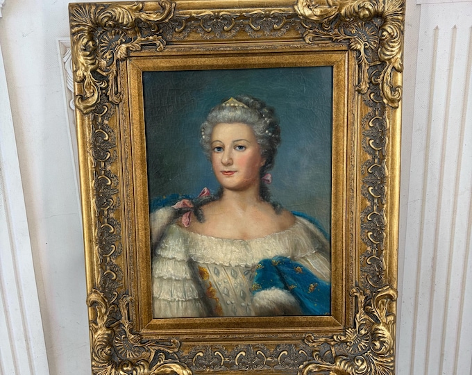 Vintage French Aristocratic Lady Portrait - Woman in White and Blue Dress - Ornate Gold Frame