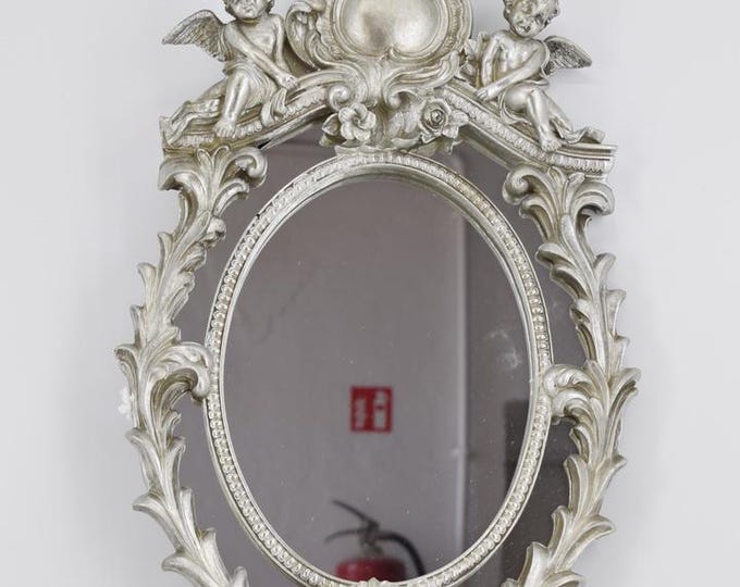 Mirror Oval Crystal Silver Angel – Art Deco Style Angelic Home Decor – Elegant Gift Idea - Wall Art Decor - Vintage Mirror