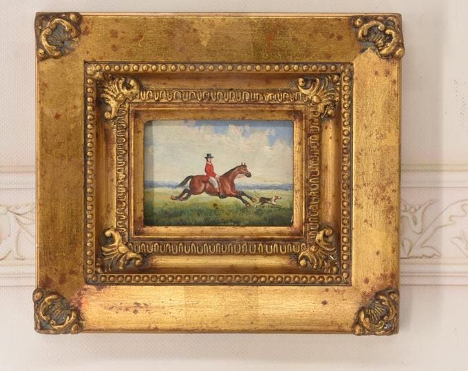 Painting Jockey on Horse in Golden Frame - Horse Painting - Oil on Wood - French Art Wall Decor - Horse Art - Luxury Gift - Home Decor