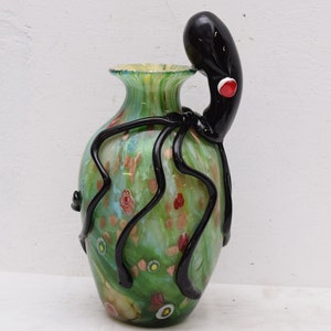 Green Murano Style Vase Flower Pot Handmade Venetian Glass Vintage Decor