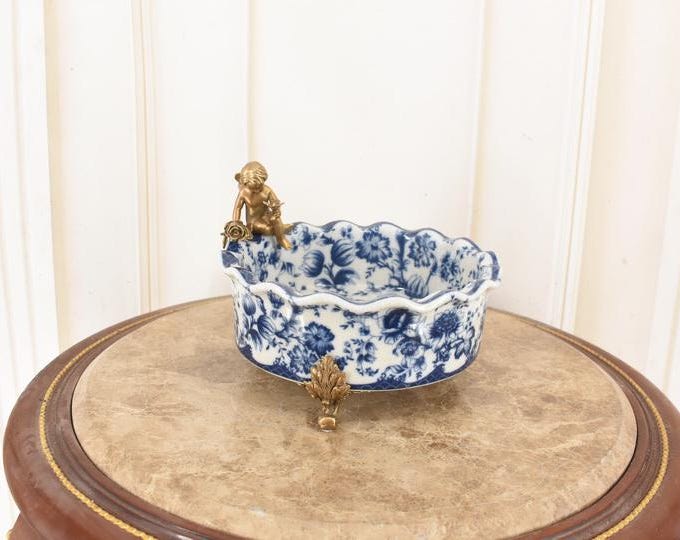 Vintage Blue Porcelain Plate – Art Nouveau Bronze Angel Statue