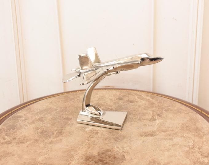 Vintage Aluminum Jet Fighter Model: Mid-Century Military Aviation Decor