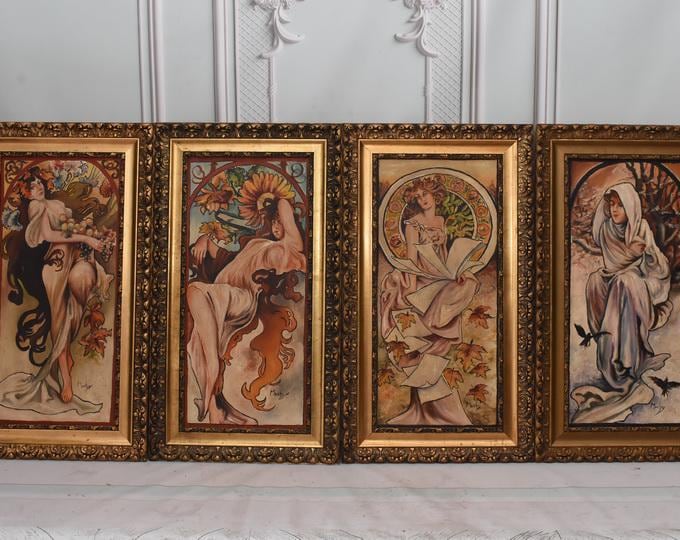 Set of 4 Antique Paintings – Lady of the Camellias – Mucha Style Art Nouveau – Four Seasons Wall Art – Vintage Home Decor – Gift Idea