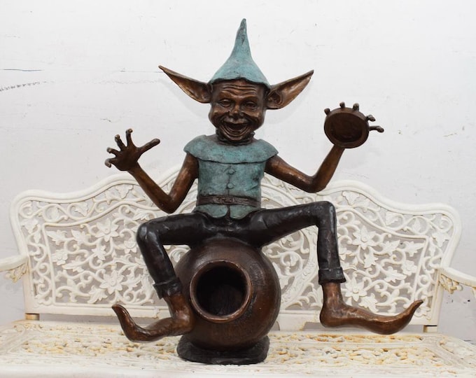 Sculpture Bronze Elf - Sitting Gnome on Smoked - Funny Pixie Figure - Home and Garden Decoration - Vintage Gift Idea
