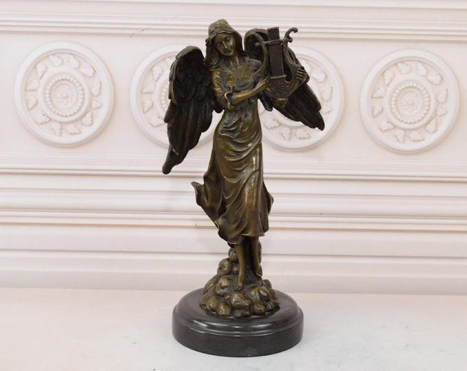 Angel playing the Harp Bronze Sculpture on Marble Base, Winged Woman, Amazing Bronze Statue, Home Decor, Gift Idea