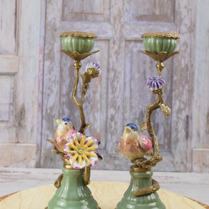 Pair Porcelain Candlesticks Bronze Ornaments Birds on a Branch Home Decor Unique Gift for Wedding Antique Candleholders image 3
