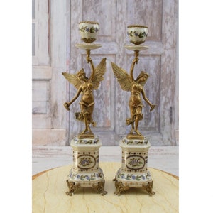 Porcelain Bronze Candlesticks: Regency Style, Victory Statue Pair