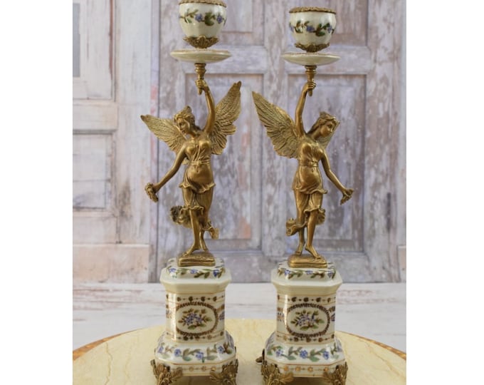 Amazing Pair Porcelain with Bronze Candlesticks - Two Victories Bronze Candlestick - Regency Candlestick - Home Decor - Exclusive Gift