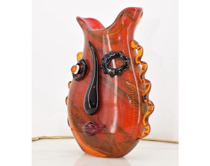 Red Face Glass Vase – Murano Style Italian Art Glass – Handcrafted Abstract Venetian Vase – Unique Colorful Flower Pot Home Decor