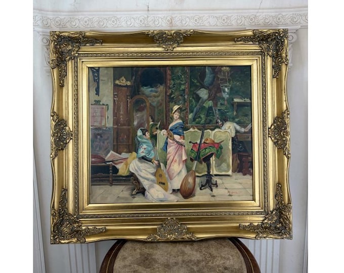 Vintage Elegant Interior Music Scene Painting - Ladies with Musical Instruments