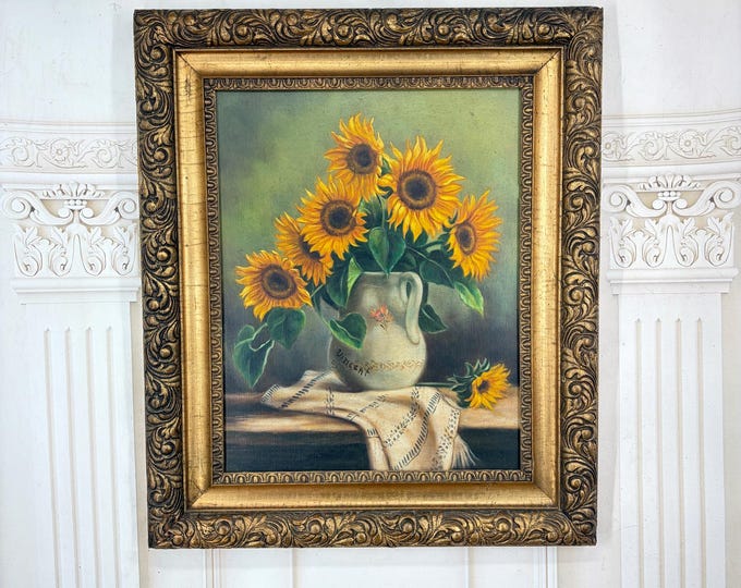 Vintage Van Gogh Style Sunflowers Oil Painting – Gold Frame Floral Wall Art