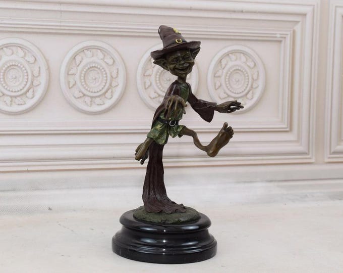 Funny Wizard Goblin - Bronze Statue on Marble Base - Funny Gnome Pixie Bronze Sculpture - Elf Bronze - Vintage Home Decor