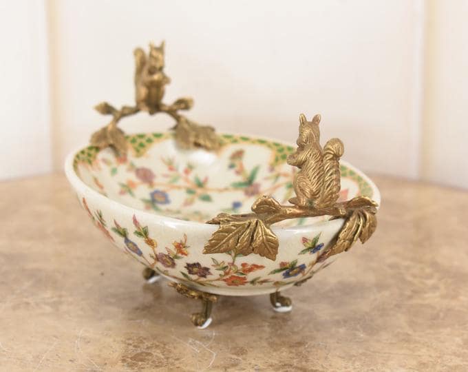 Floral Porcelain Bowl with Bronze Squirrels – Decorative Plateau