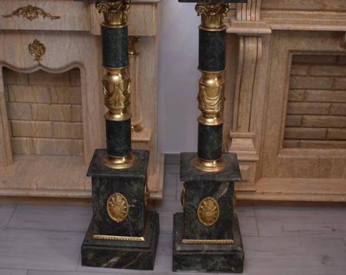 Vintage Green Marble Pedestal Set – Brass Ormolu Display Columns, 45.67" Tall