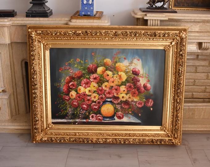 Hand-Painted Floral Oil Painting, Ornate Gold Frame, French Baroque Wall Art (107 x 137 cm)
