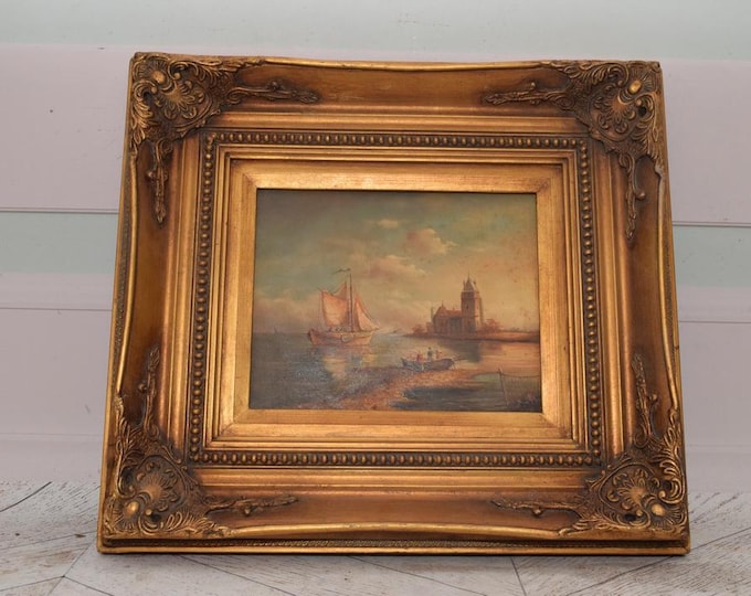 Vintage Painting Ship in Port – Handmade Nautical Art with Gold Frame – Sea Wall Decor – Gift for Ocean Lovers - Home Decor