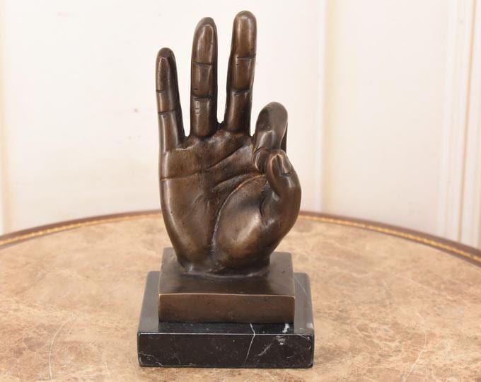 Vintage Bronze Hand Sculpture on Marble Base – Symbolic Gesture Statue – Solid Decorative Art Figure