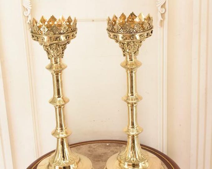 French Gold Brass Candle Holders Pair Royal Vintage Candlesticks Unique Set