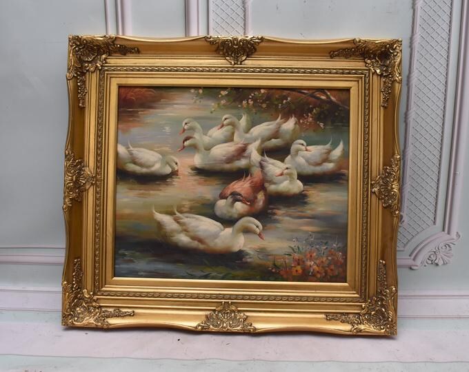 Wonderful Large Painting Family Ducks - Duck Painting with Golden Frame - Painting Art Work - Wall Decor - Amazing Home Decor